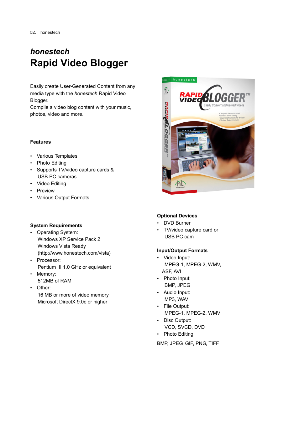 Rapid video blogger, Honestech | Honestech Video Patrol 5.0 User Manual | Page 52 / 55