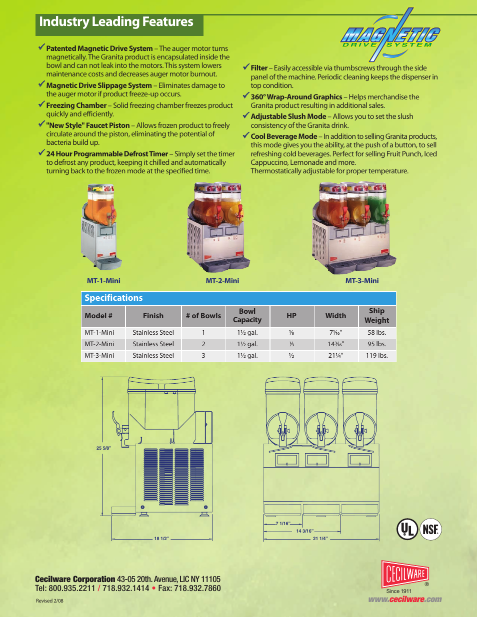 Industry leading features, Specifications | Cecilware MT Mini User Manual | Page 2 / 2