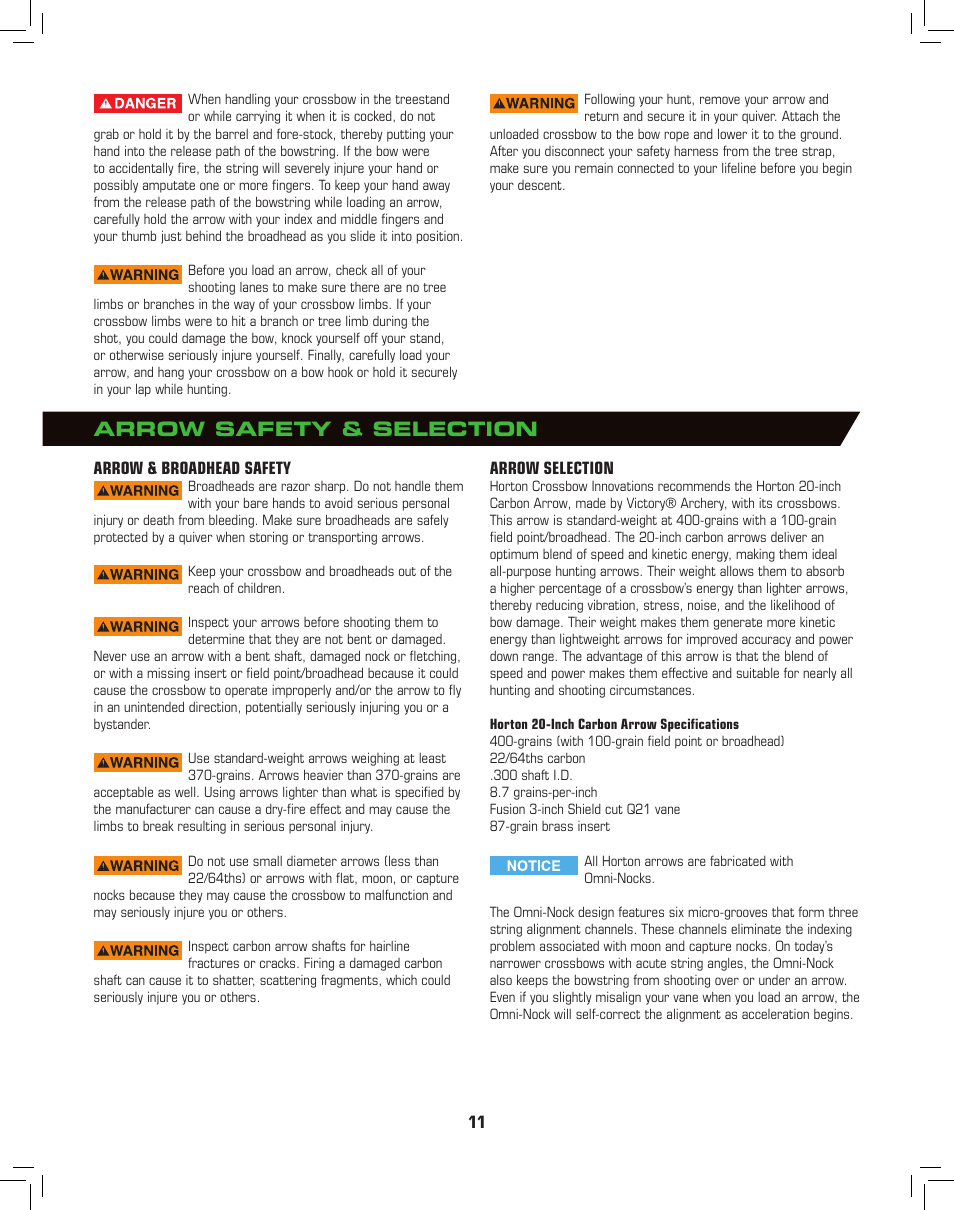 Arrow safety & selection | Horton General Crossbow User Manual | Page 11 / 16