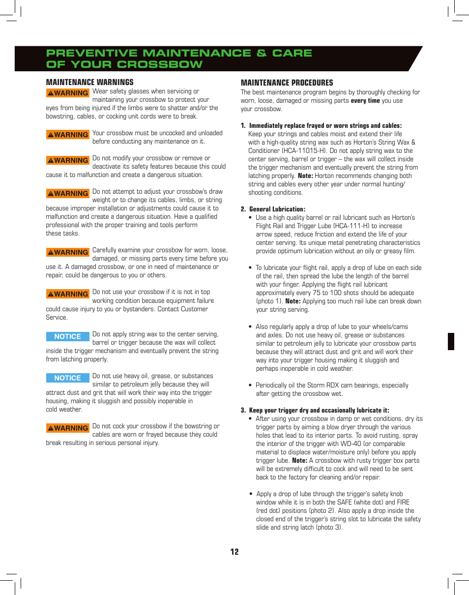 Preventive maintenance & care of your crossbow | Horton General Crossbow User Manual | Page 12 / 16