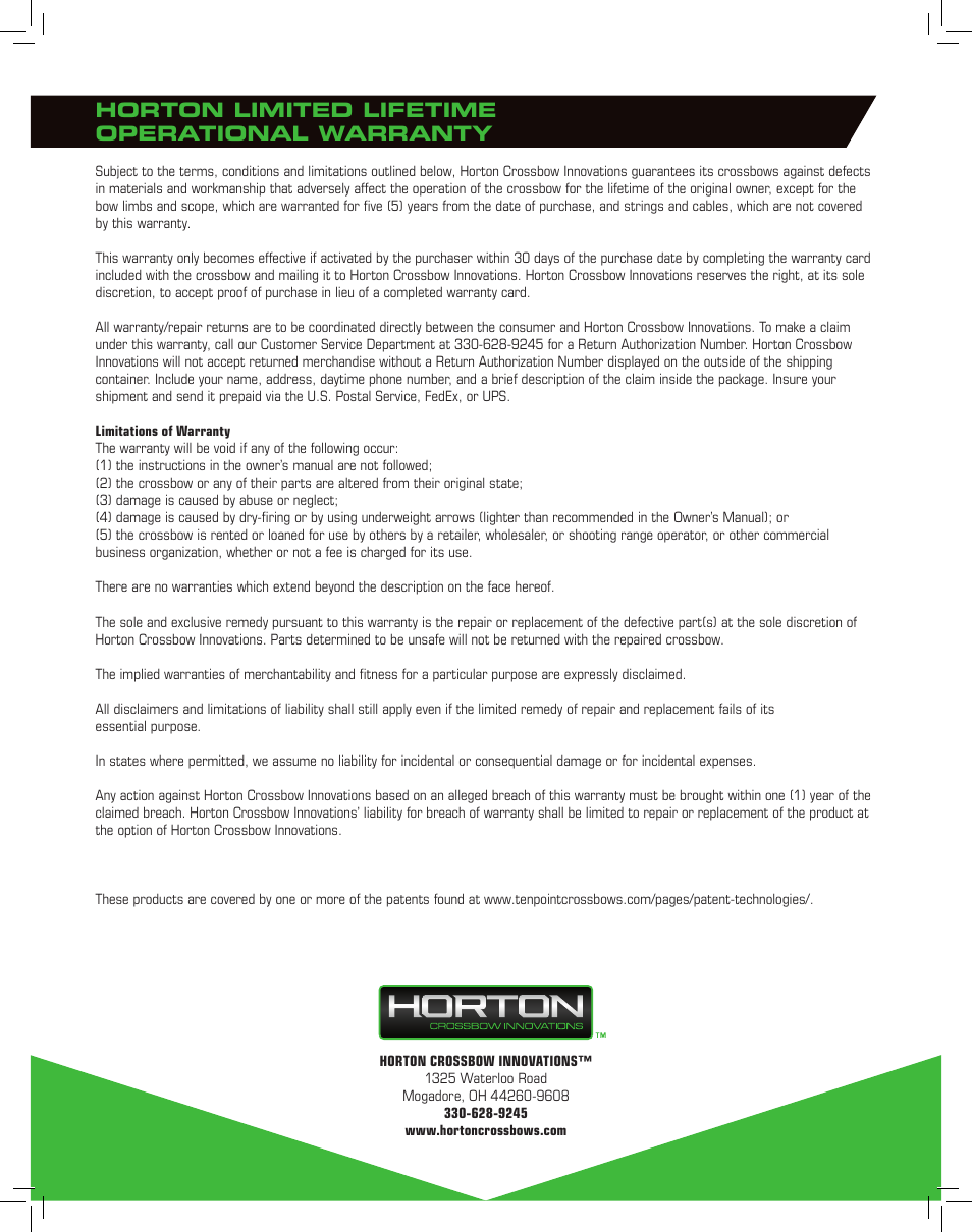 Horton limited lifetime operational warranty | Horton General Crossbow User Manual | Page 16 / 16