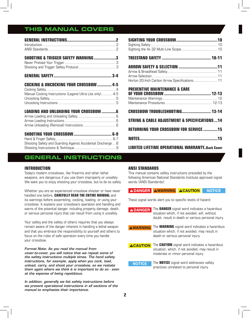 This manual covers general instructions | Horton General Crossbow User Manual | Page 2 / 16