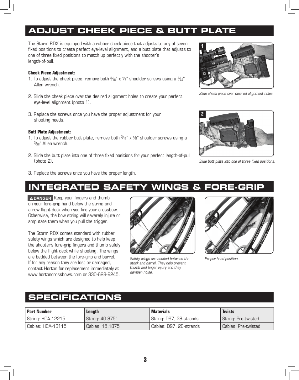 String & cable adjust cheek piece & butt plate, Integrated safety wings & fore-grip, Specifications | Horton Storm RDX User Manual | Page 4 / 4
