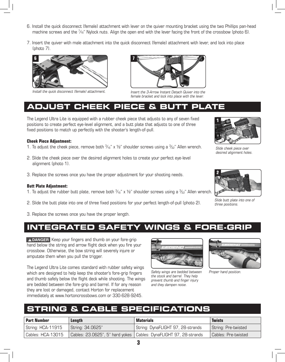 Adjust cheek piece & butt plate, Integrated safety wings & fore-grip, String & cable specifications | Horton Legend Ultra Lite User Manual | Page 4 / 4