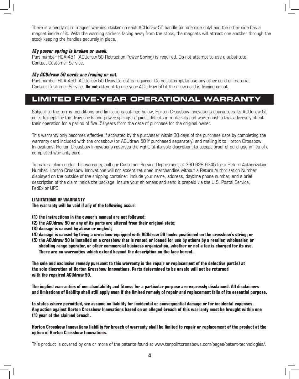 Limited five-year operational warranty | Horton ACUDraw 50 User Manual | Page 4 / 4