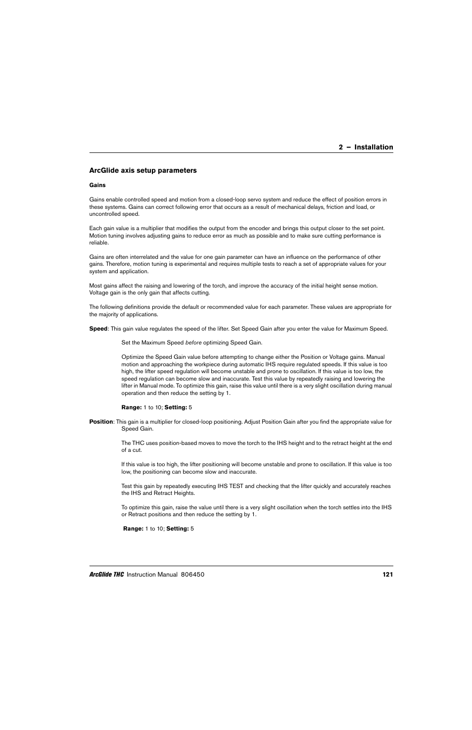 Arcglide axis setup parameters, Gains | Hypertherm THC ArcGlide User Manual | Page 121 / 288