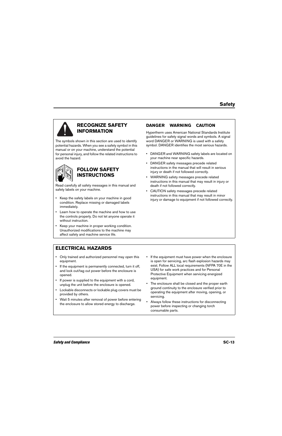 Safety, Recognize safety information, Follow safety instructions | Electrical hazards, Sc-13, Safety recognize safety information | Hypertherm THC ArcGlide User Manual | Page 13 / 288