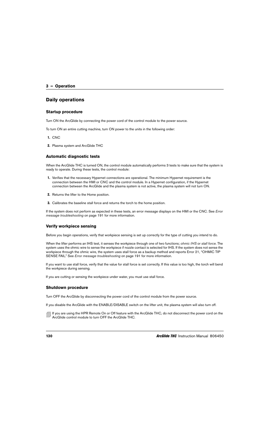 Daily operations, Startup procedure, Automatic diagnostic tests | Verify workpiece sensing, Shutdown procedure | Hypertherm THC ArcGlide User Manual | Page 130 / 288