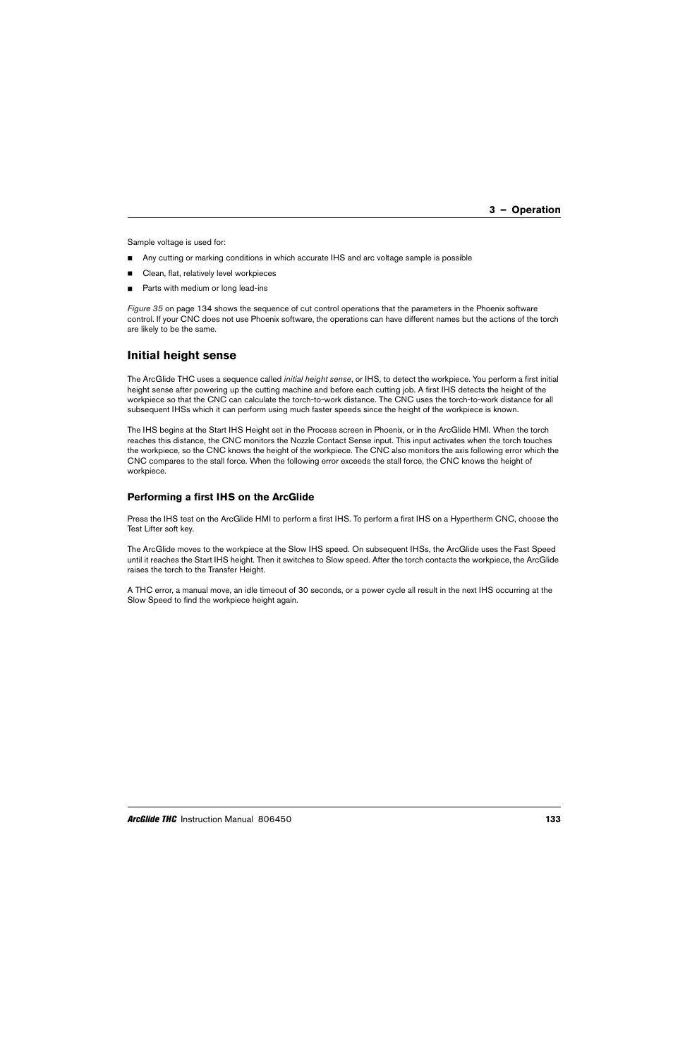 Initial height sense, Performing a first ihs on the arcglide | Hypertherm THC ArcGlide User Manual | Page 133 / 288