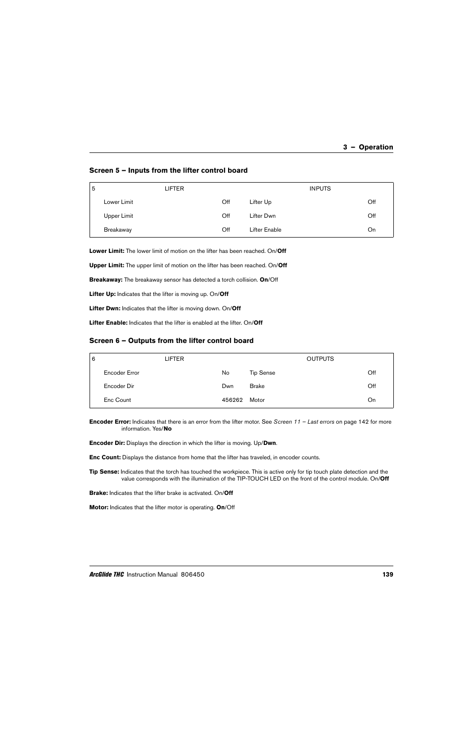 Screen 5 – inputs from the lifter control board, Screen 6 – outputs from the lifter control board | Hypertherm THC ArcGlide User Manual | Page 139 / 288