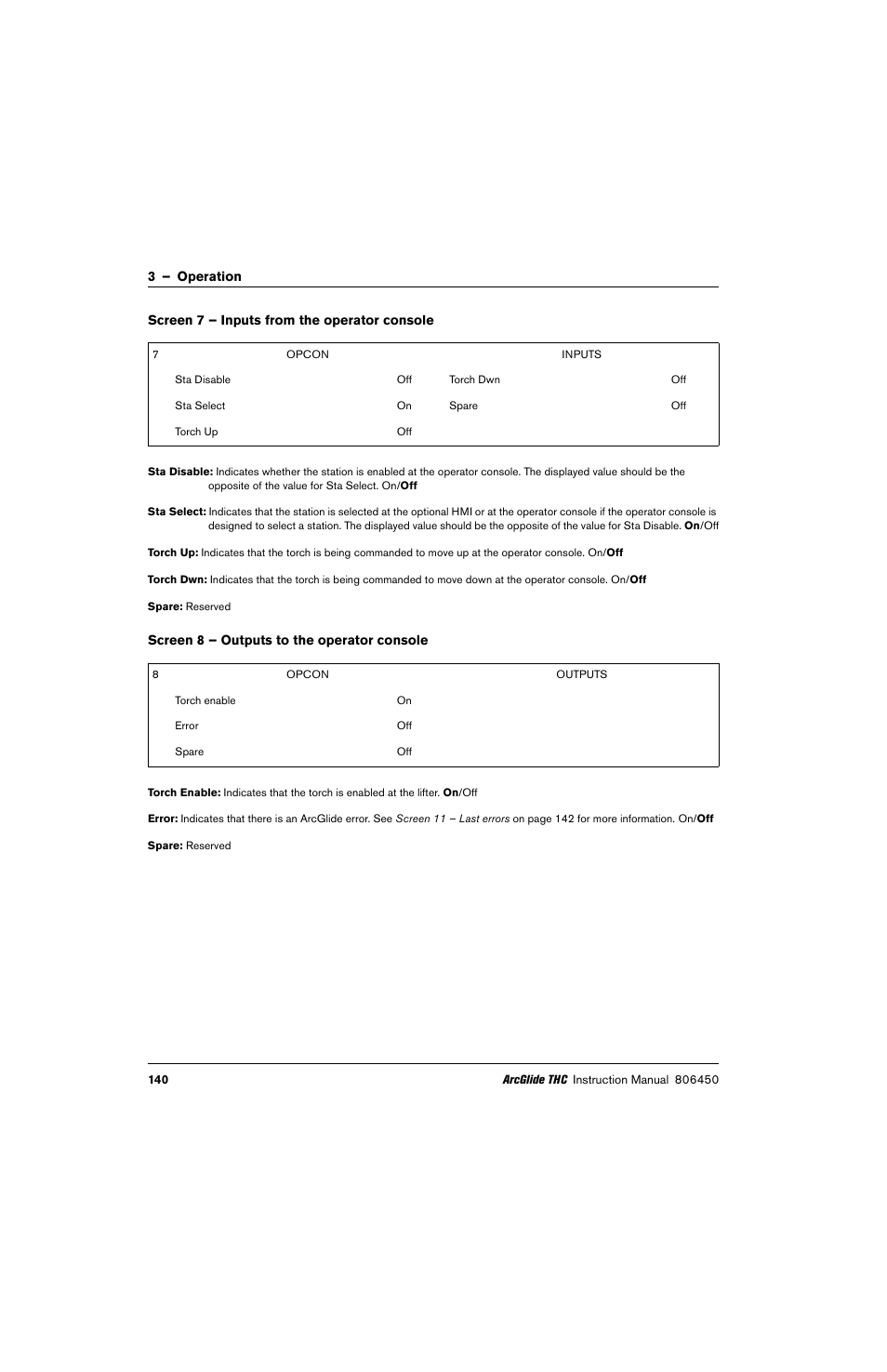 Screen 7 – inputs from the operator console, Screen 8 – outputs to the operator console | Hypertherm THC ArcGlide User Manual | Page 140 / 288