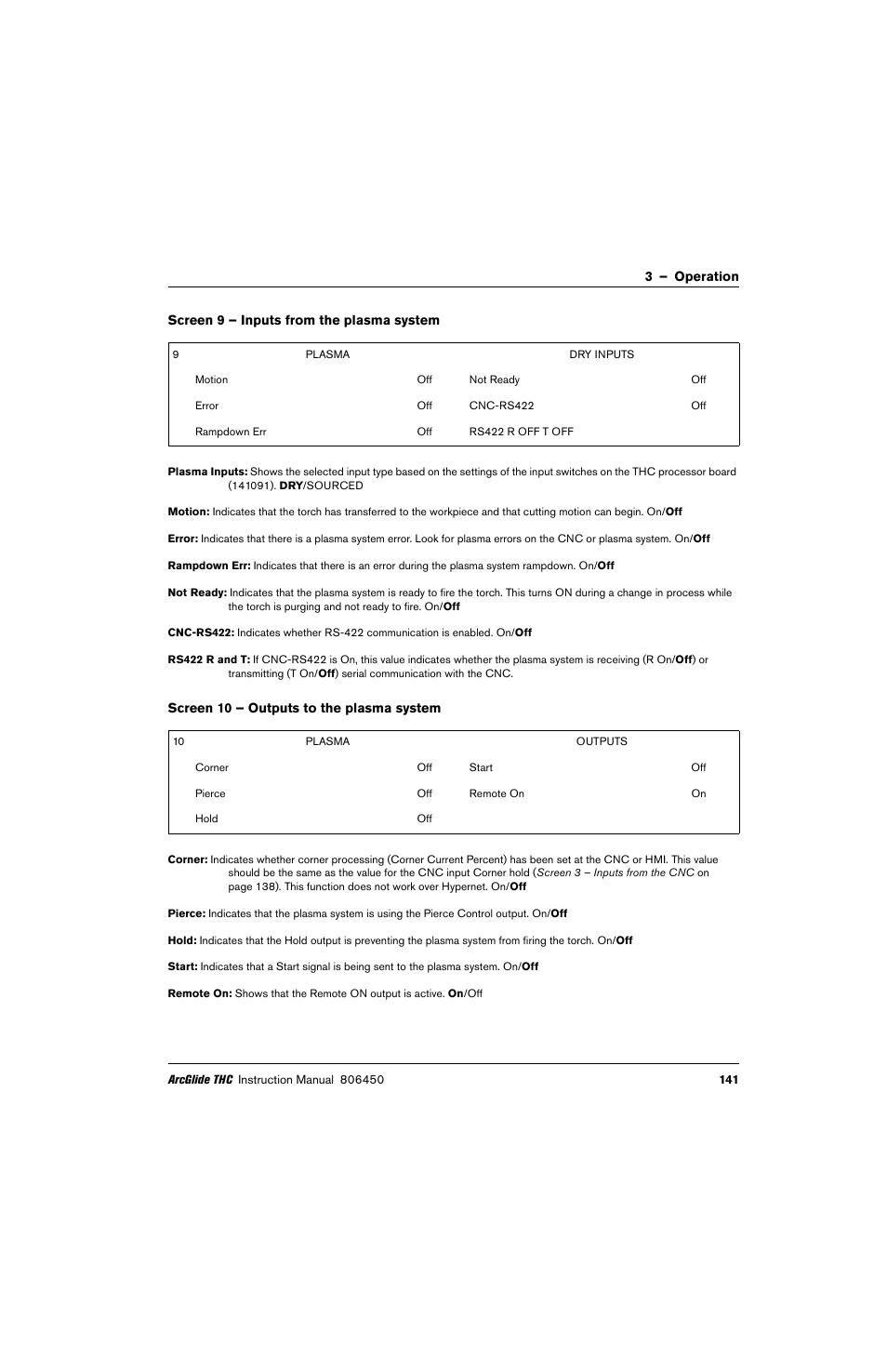 Screen 9 – inputs from the plasma system, Screen 10 – outputs to the plasma system | Hypertherm THC ArcGlide User Manual | Page 141 / 288