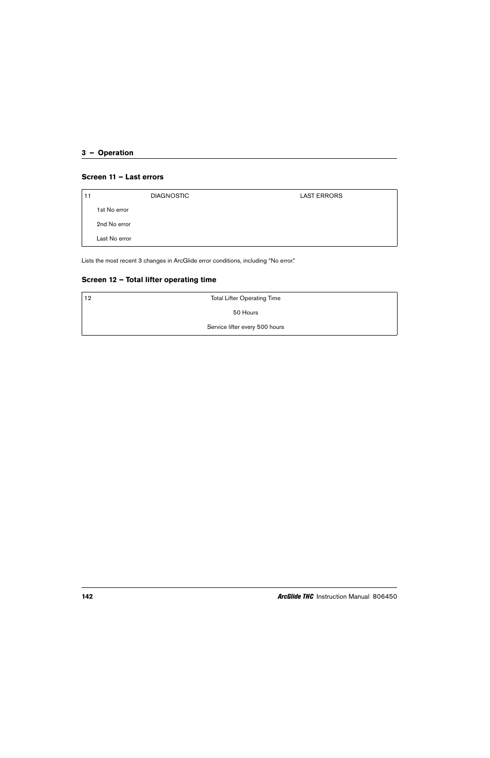 Screen 11 – last errors, Screen 12 – total lifter operating time | Hypertherm THC ArcGlide User Manual | Page 142 / 288