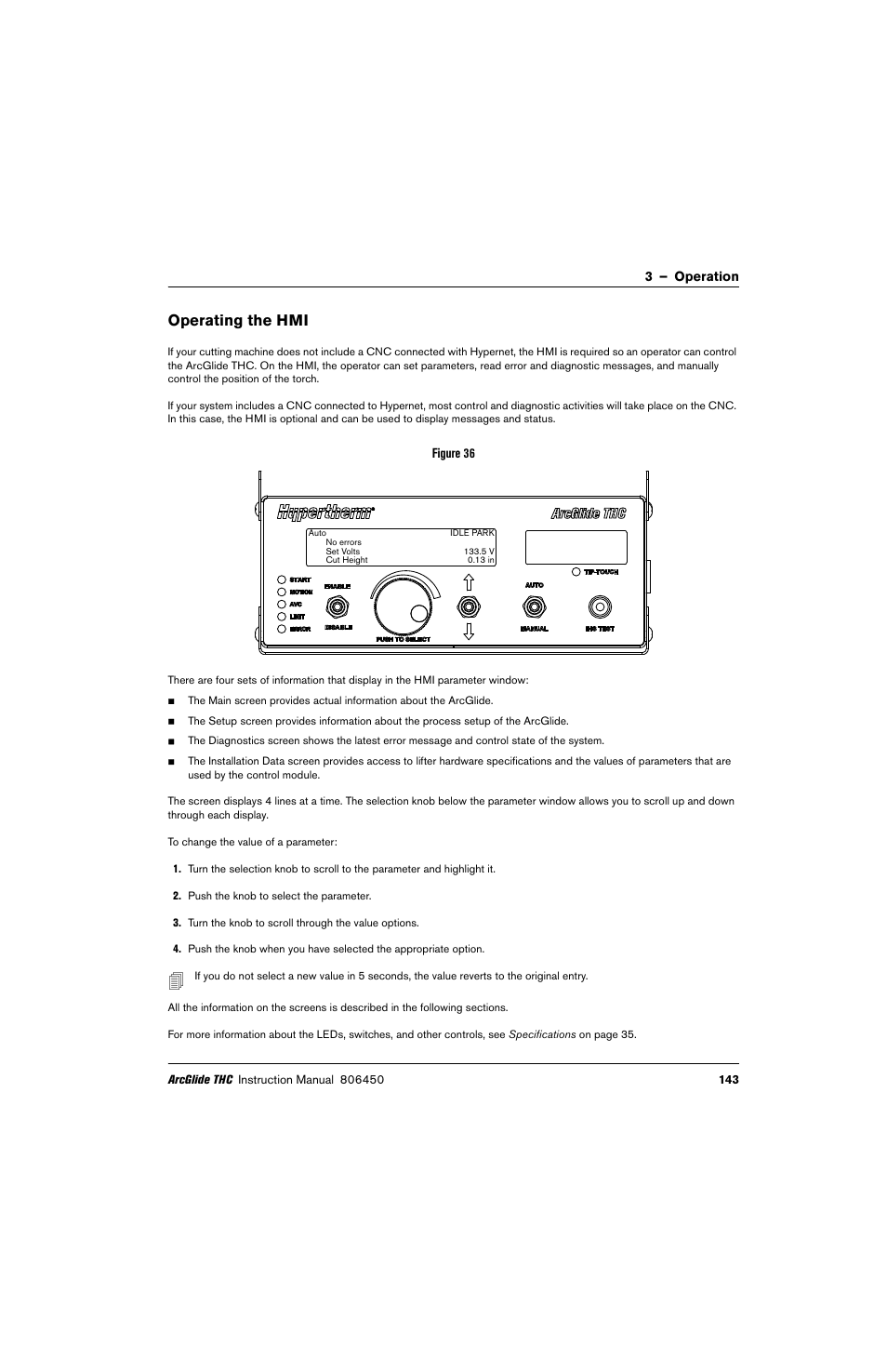 Operating the hmi | Hypertherm THC ArcGlide User Manual | Page 143 / 288
