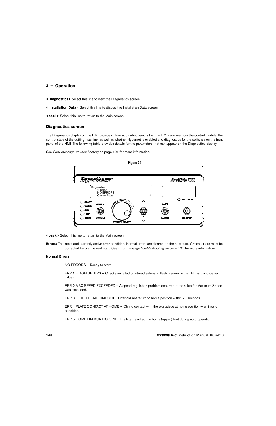 Diagnostics screen | Hypertherm THC ArcGlide User Manual | Page 148 / 288