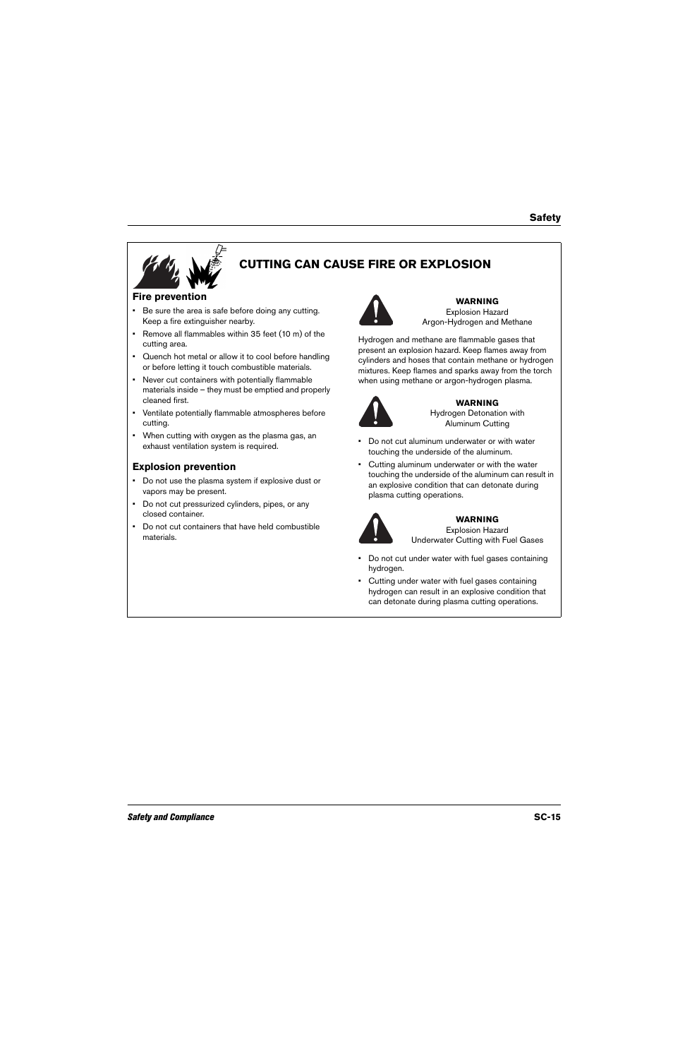 Cutting can cause fire or explosion, Fire prevention, Explosion prevention | Hypertherm THC ArcGlide User Manual | Page 15 / 288
