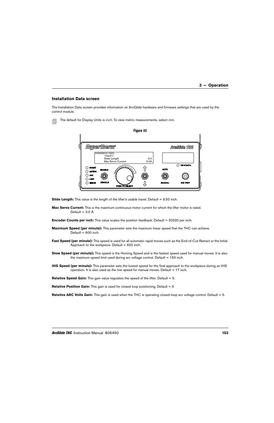 Installation data screen | Hypertherm THC ArcGlide User Manual | Page 153 / 288