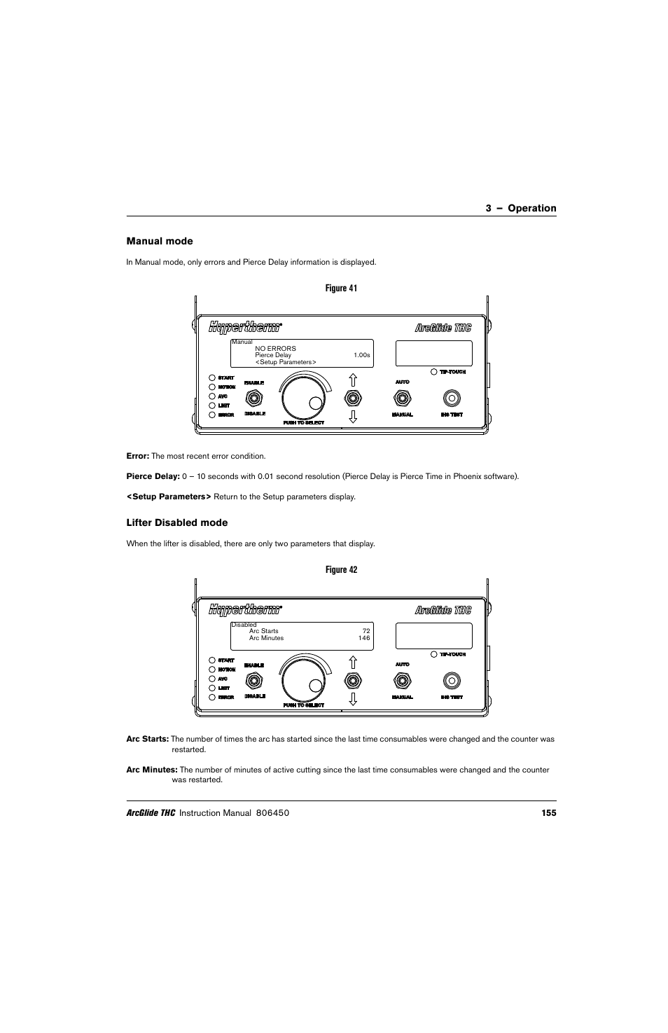 Manual mode, Lifter disabled mode | Hypertherm THC ArcGlide User Manual | Page 155 / 288