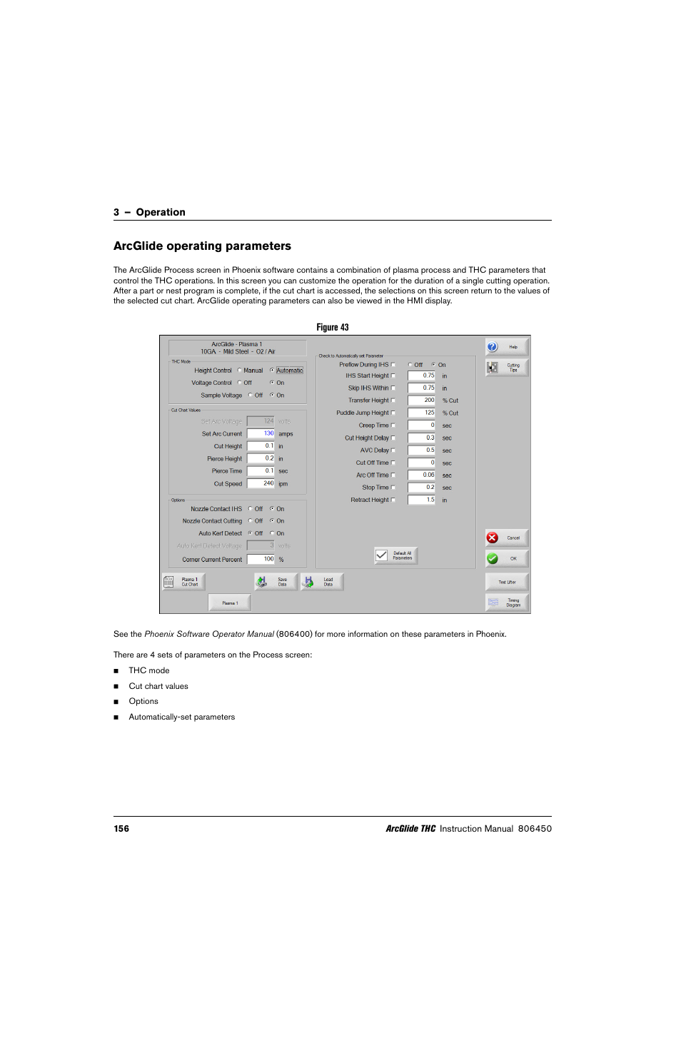 Arcglide operating parameters | Hypertherm THC ArcGlide User Manual | Page 156 / 288