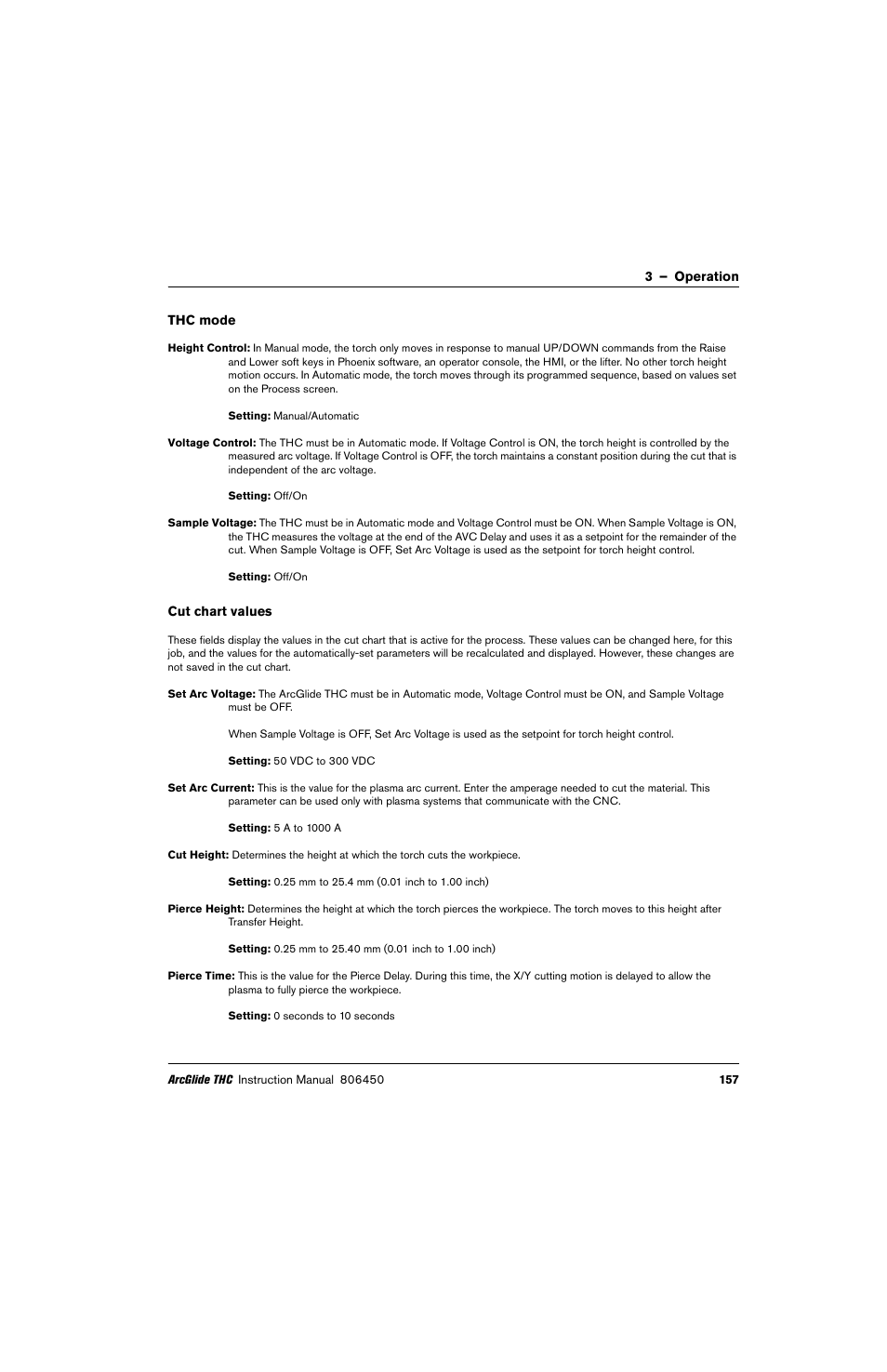 Thc mode, Cut chart values | Hypertherm THC ArcGlide User Manual | Page 157 / 288