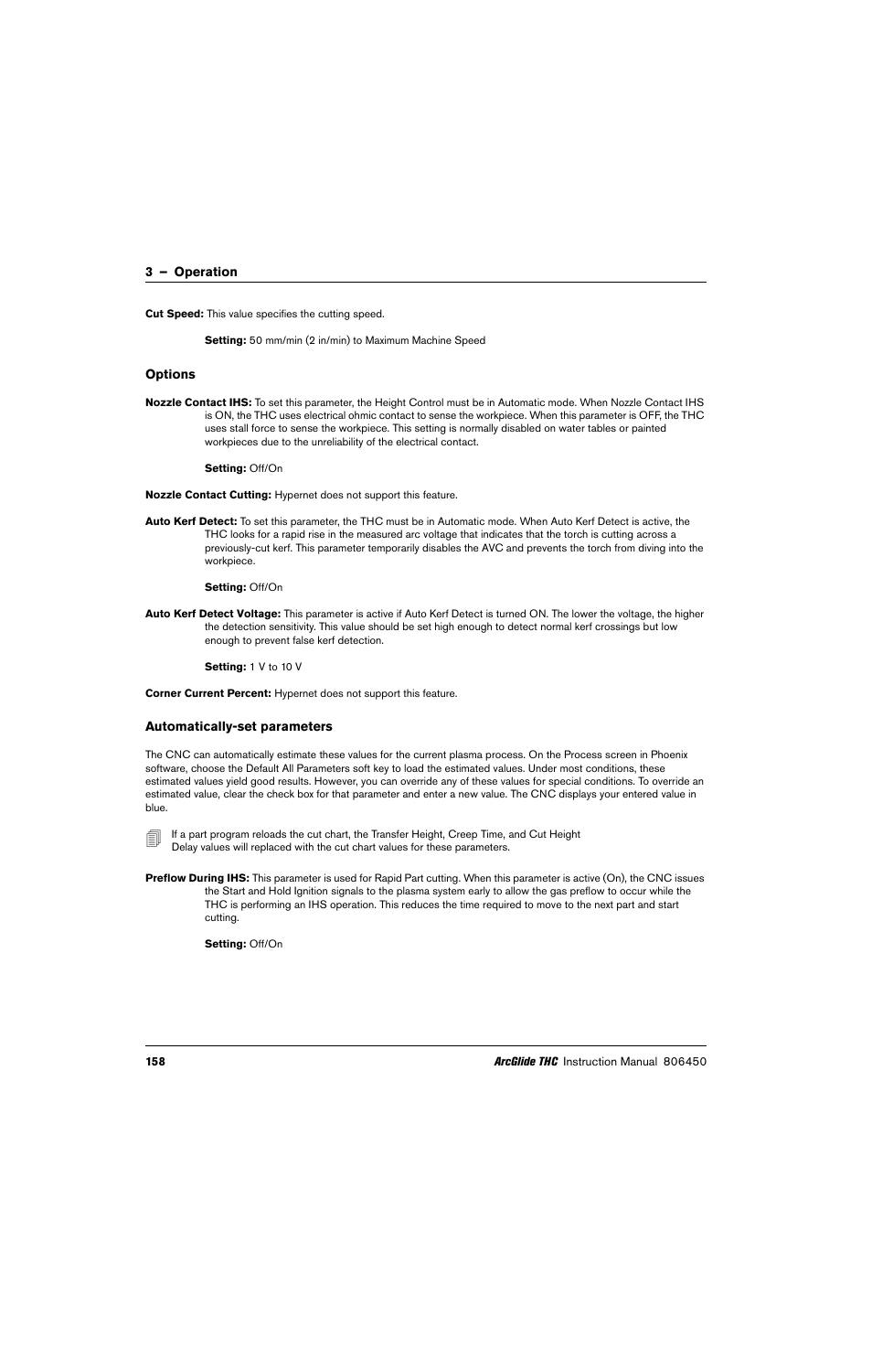 Options, Automatically-set parameters | Hypertherm THC ArcGlide User Manual | Page 158 / 288