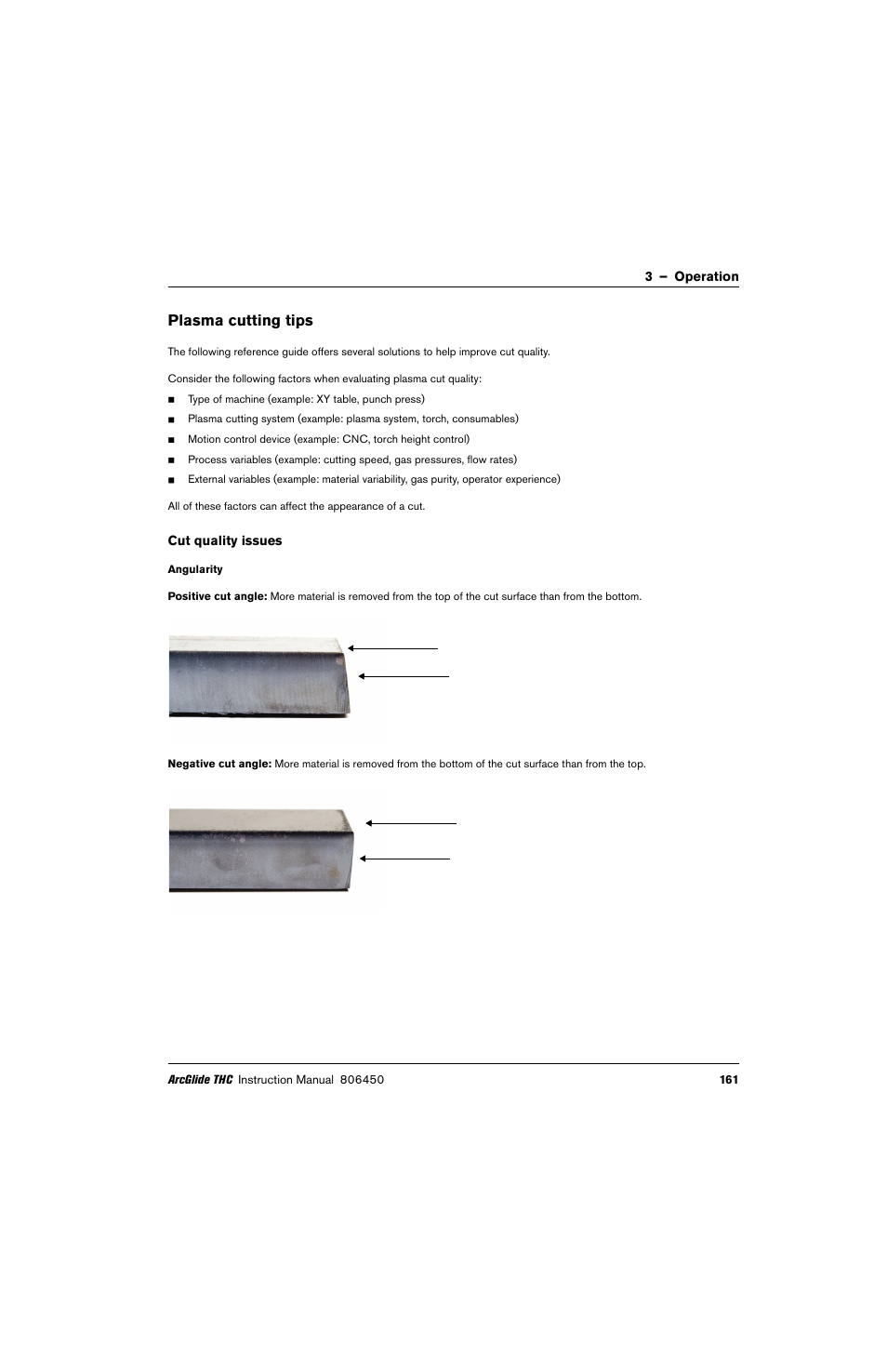 Plasma cutting tips, Cut quality issues | Hypertherm THC ArcGlide User Manual | Page 161 / 288
