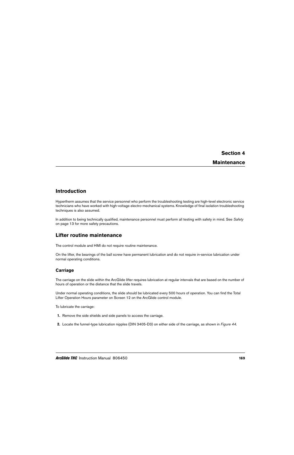 Maintenance, Introduction, Lifter routine maintenance | Carriage | Hypertherm THC ArcGlide User Manual | Page 169 / 288