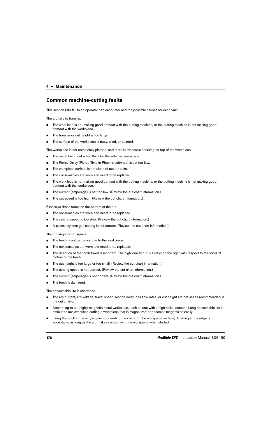 Common machine-cutting faults, 4 – maintenance | Hypertherm THC ArcGlide User Manual | Page 178 / 288