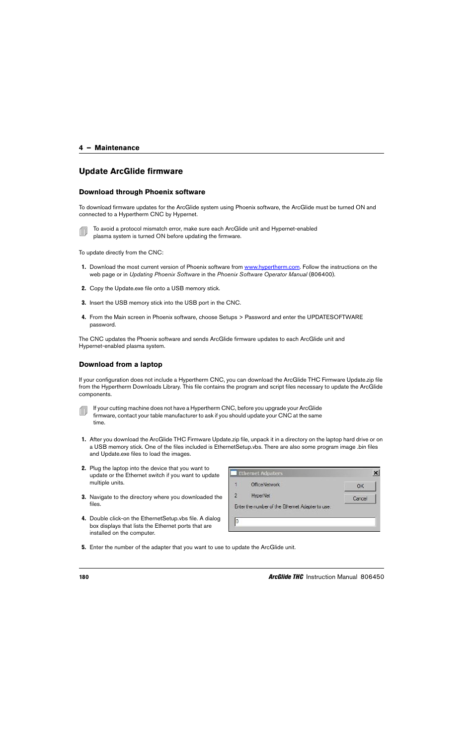 Update arcglide firmware, Download through phoenix software, Download from a laptop | Hypertherm THC ArcGlide User Manual | Page 180 / 288