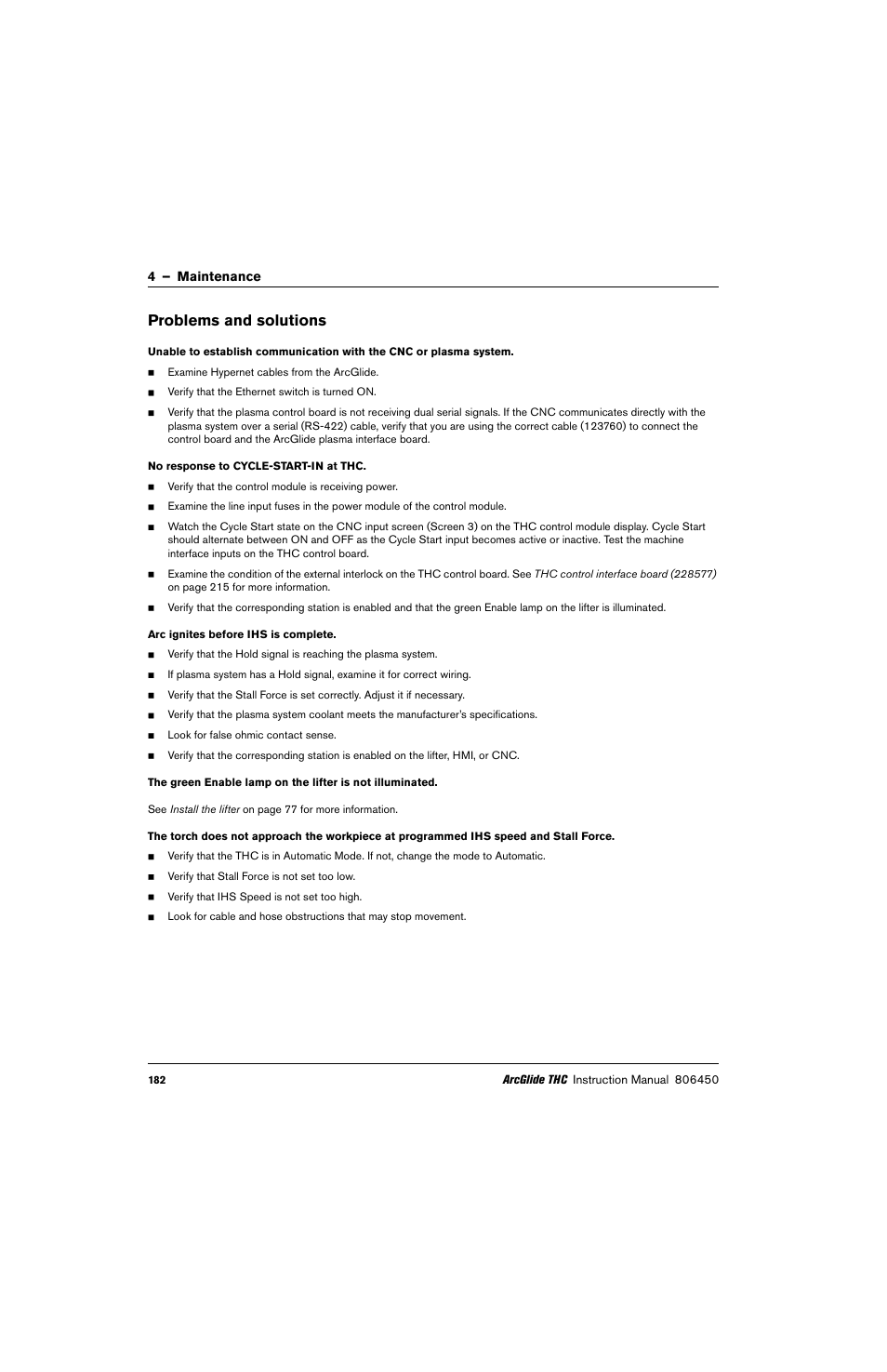 Problems and solutions, 4 – maintenance | Hypertherm THC ArcGlide User Manual | Page 182 / 288