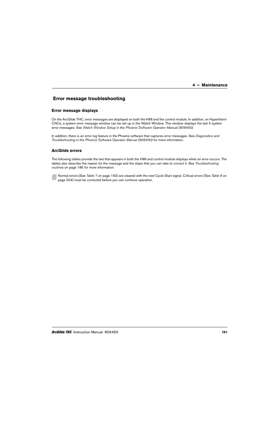 Error message troubleshooting, Error message displays, Arcglide errors | Hypertherm THC ArcGlide User Manual | Page 191 / 288