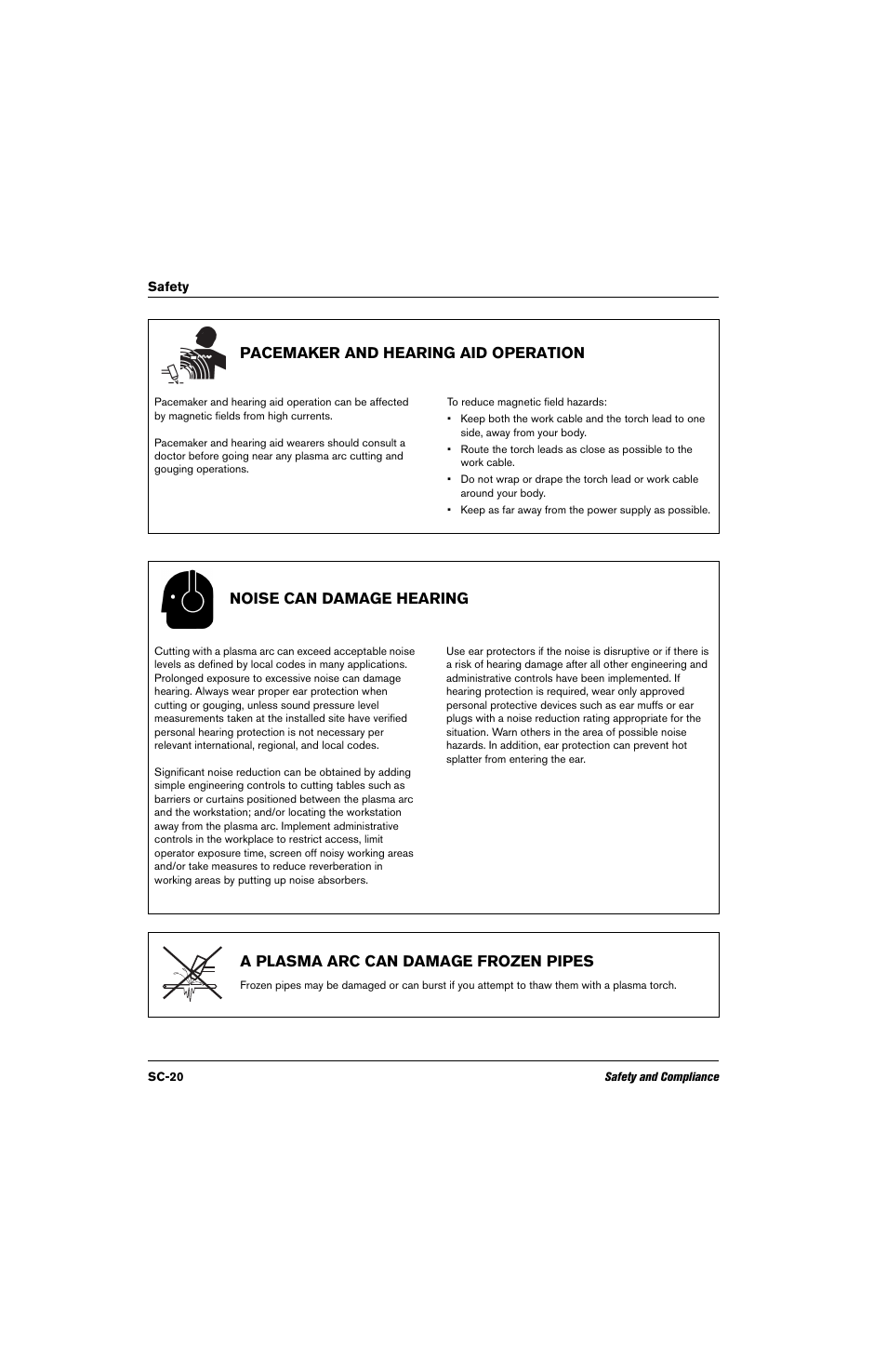 Pacemaker and hearing aid operation, Noise can damage hearing, A plasma arc can damage frozen pipes | Hypertherm THC ArcGlide User Manual | Page 20 / 288