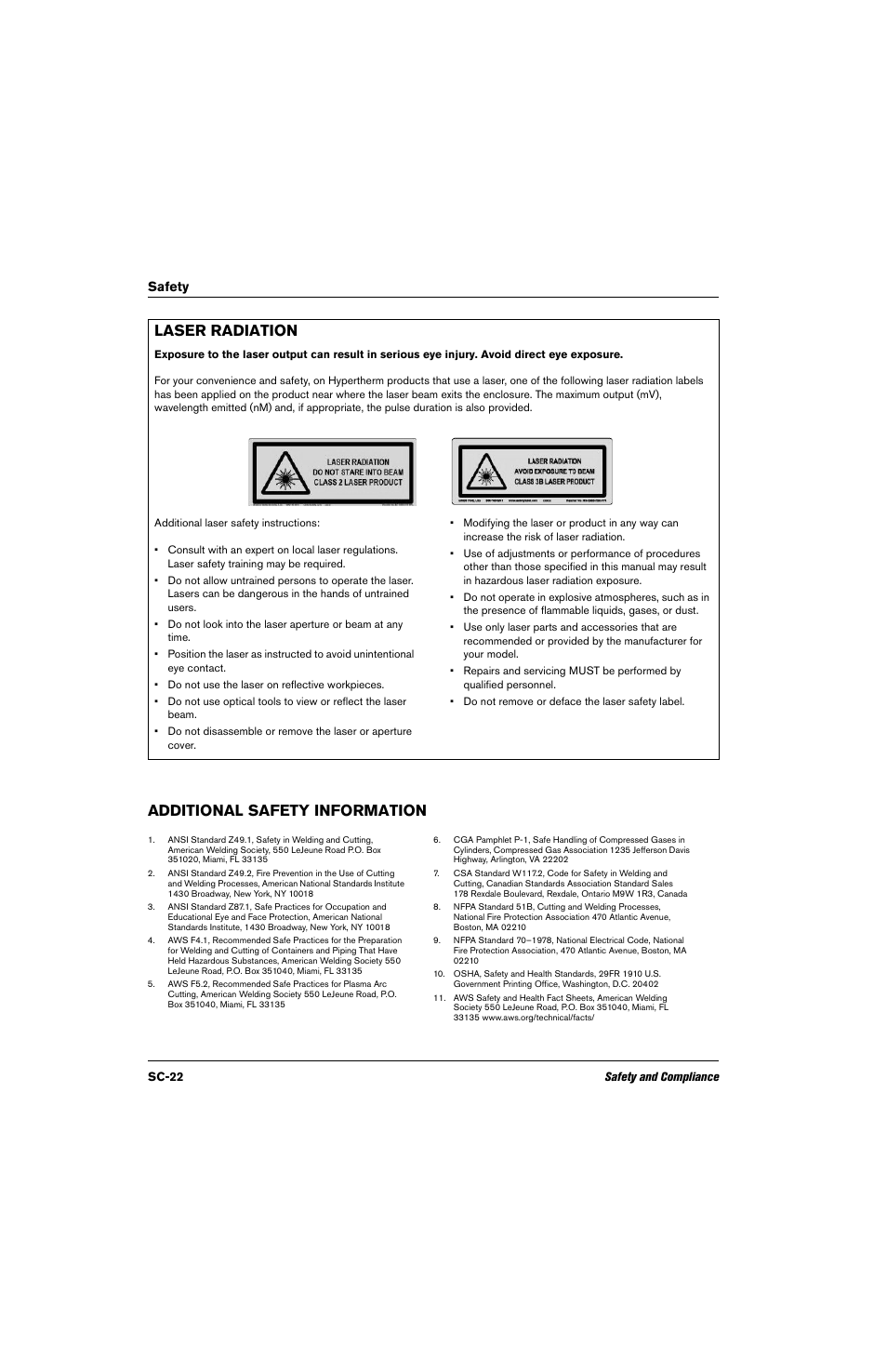 Laser radiation, Additional safety information, Safety | Hypertherm THC ArcGlide User Manual | Page 22 / 288