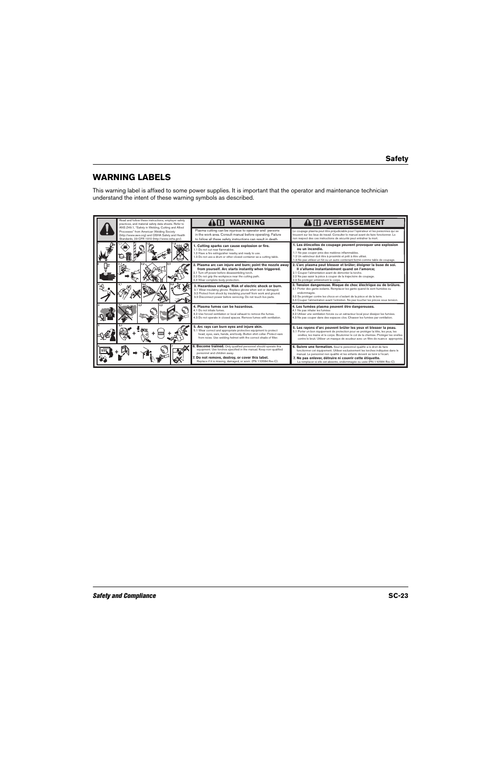 Warning labels, Safety, Safety and compliance sc-23 | Warning, Avertissement | Hypertherm THC ArcGlide User Manual | Page 23 / 288