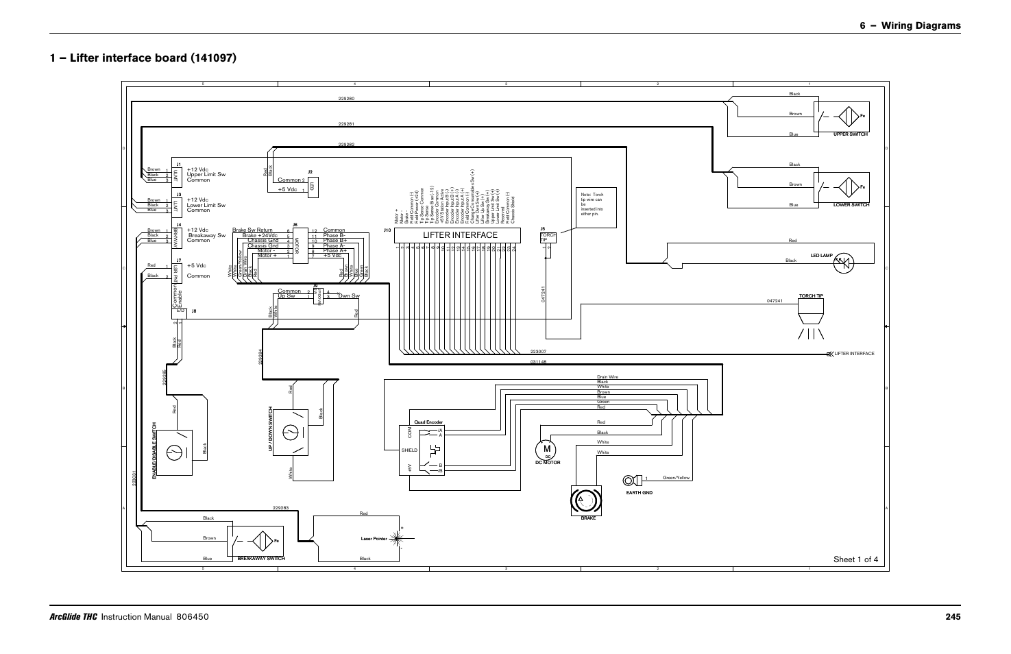 1 – lifter interface board (141097), 6 – wiring diagrams, Sheet 1 of 4 lifter interface | Hypertherm THC ArcGlide User Manual | Page 245 / 288