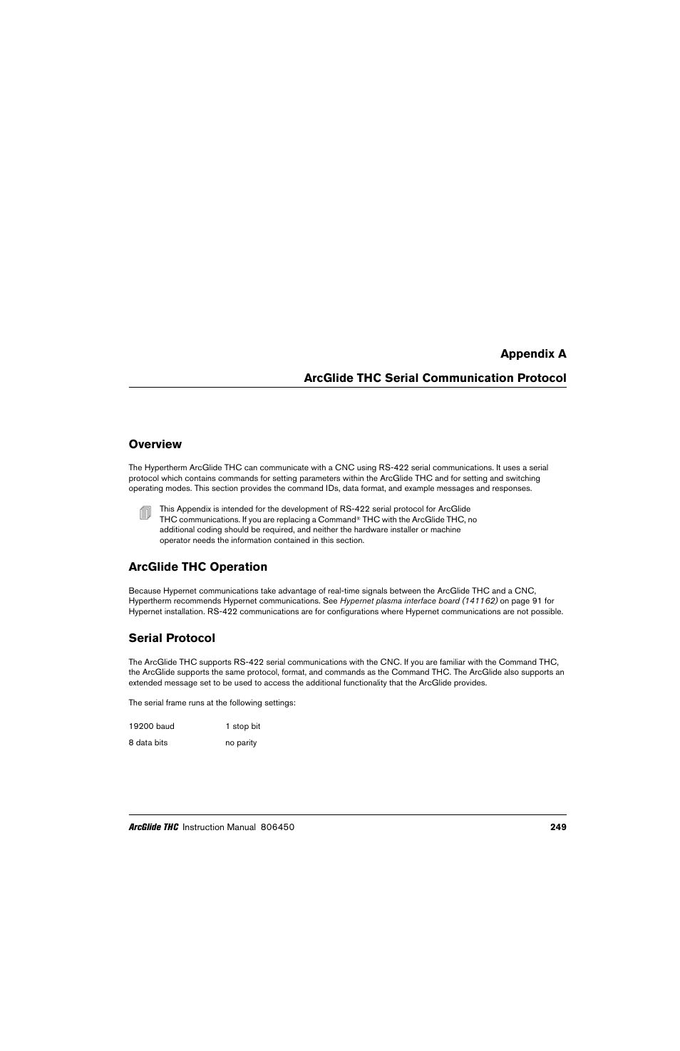 Arcglide thc serial communication protocol, Overview, Arcglide thc operation | Serial protocol | Hypertherm THC ArcGlide User Manual | Page 249 / 288
