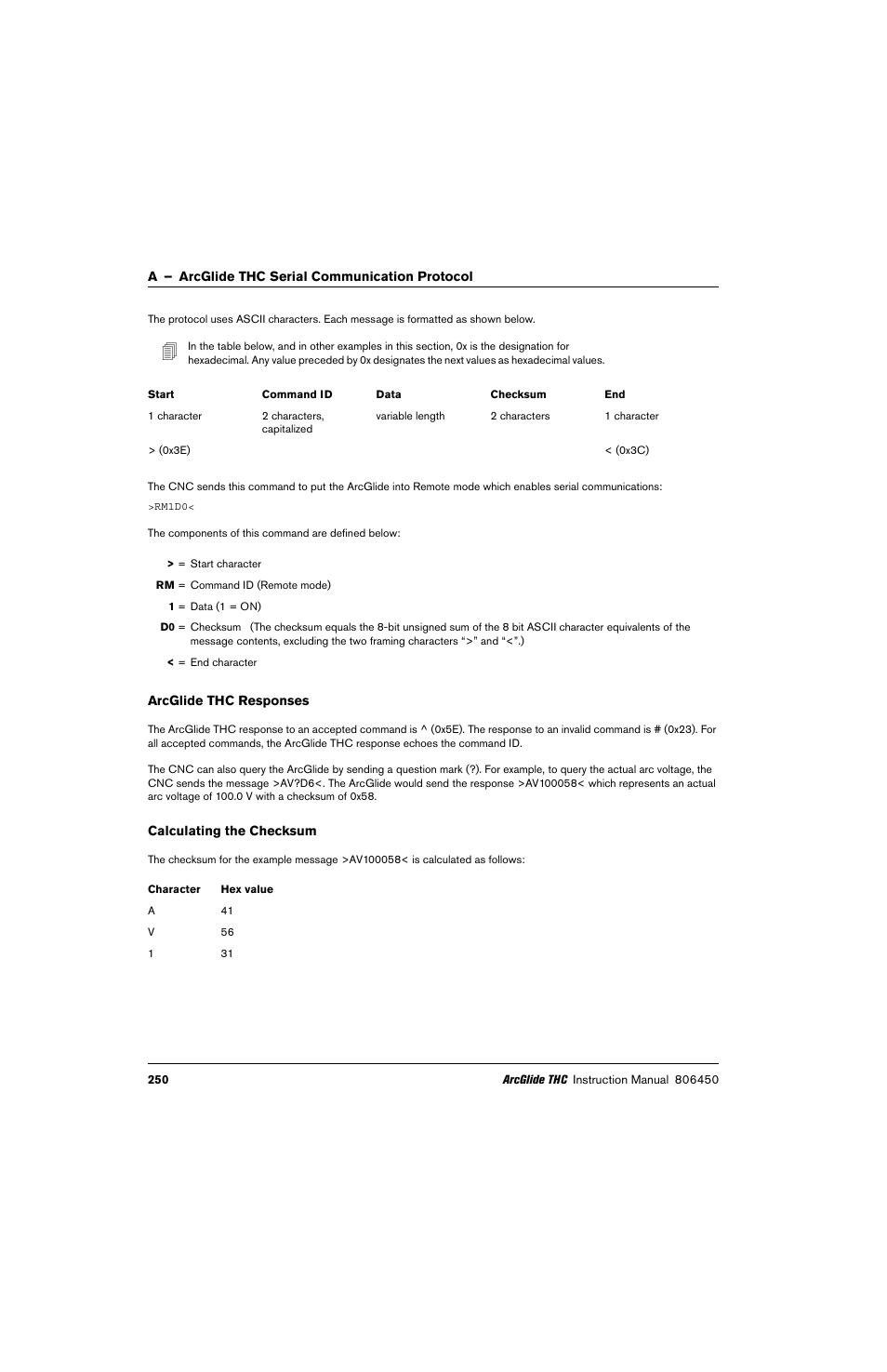 Arcglide thc responses, Calculating the checksum | Hypertherm THC ArcGlide User Manual | Page 250 / 288