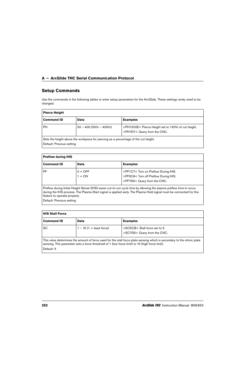 Setup commands | Hypertherm THC ArcGlide User Manual | Page 252 / 288