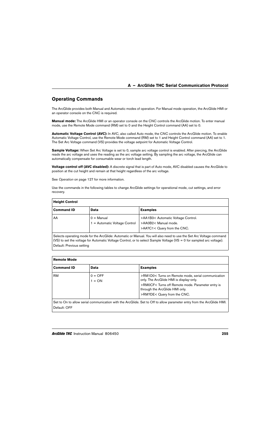 Operating commands | Hypertherm THC ArcGlide User Manual | Page 255 / 288