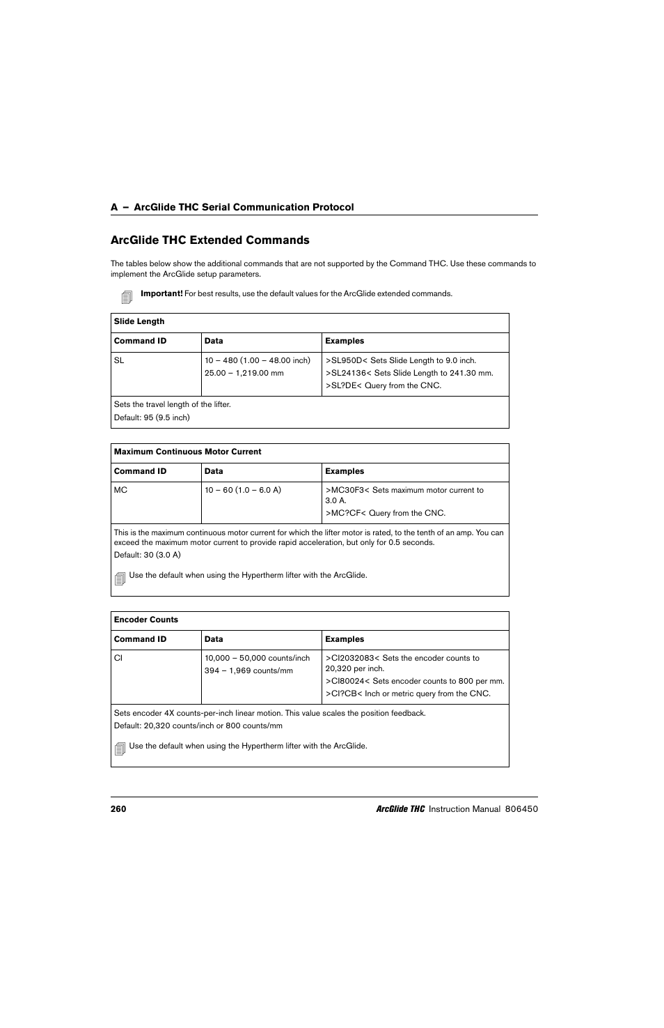 Arcglide thc extended commands | Hypertherm THC ArcGlide User Manual | Page 260 / 288