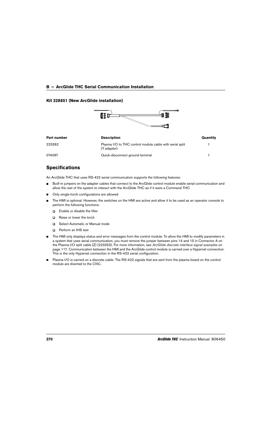 Kit 228851 (new arcglide installation), Specifications | Hypertherm THC ArcGlide User Manual | Page 270 / 288