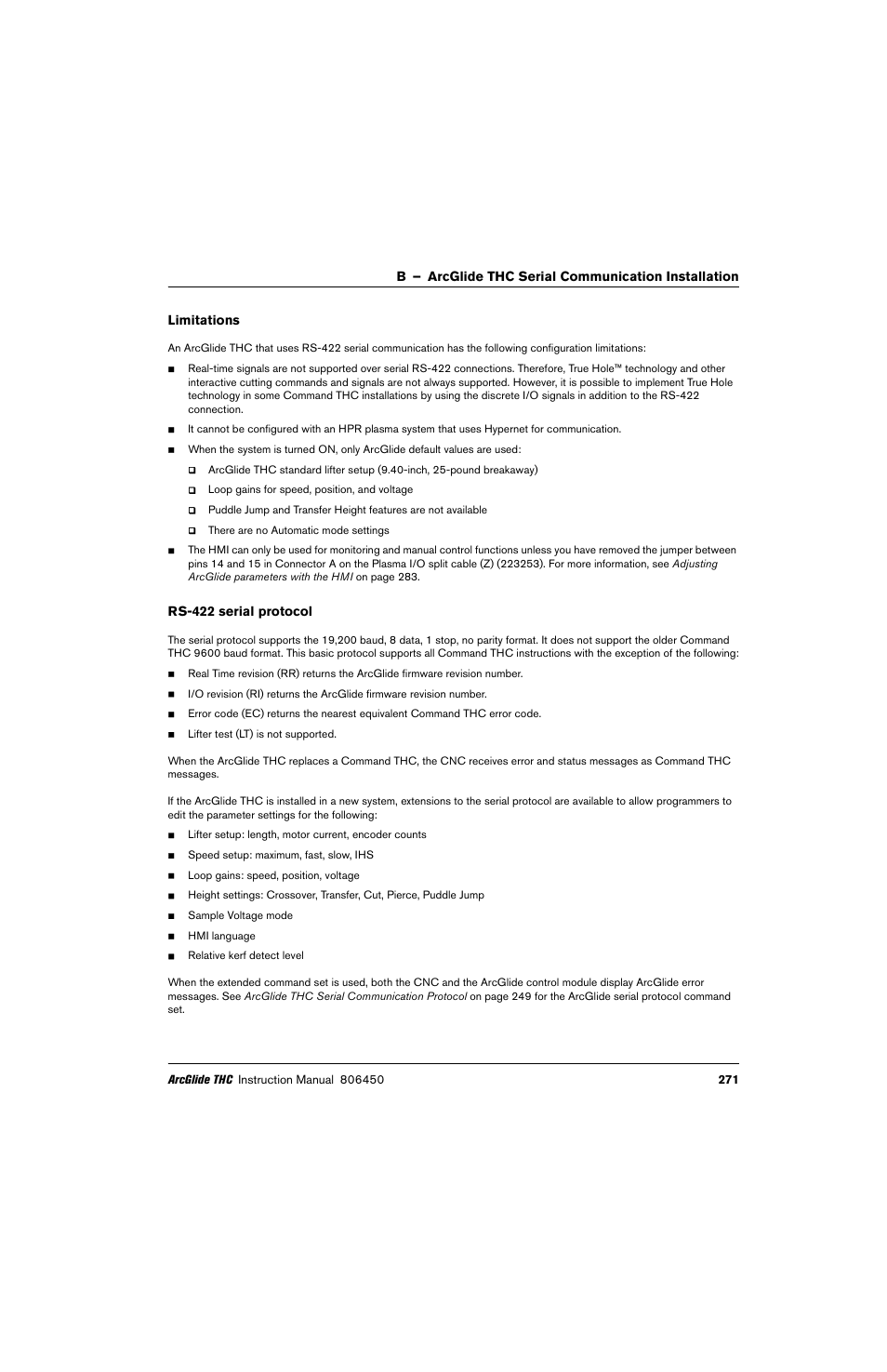 Limitations, Rs-422 serial protocol | Hypertherm THC ArcGlide User Manual | Page 271 / 288