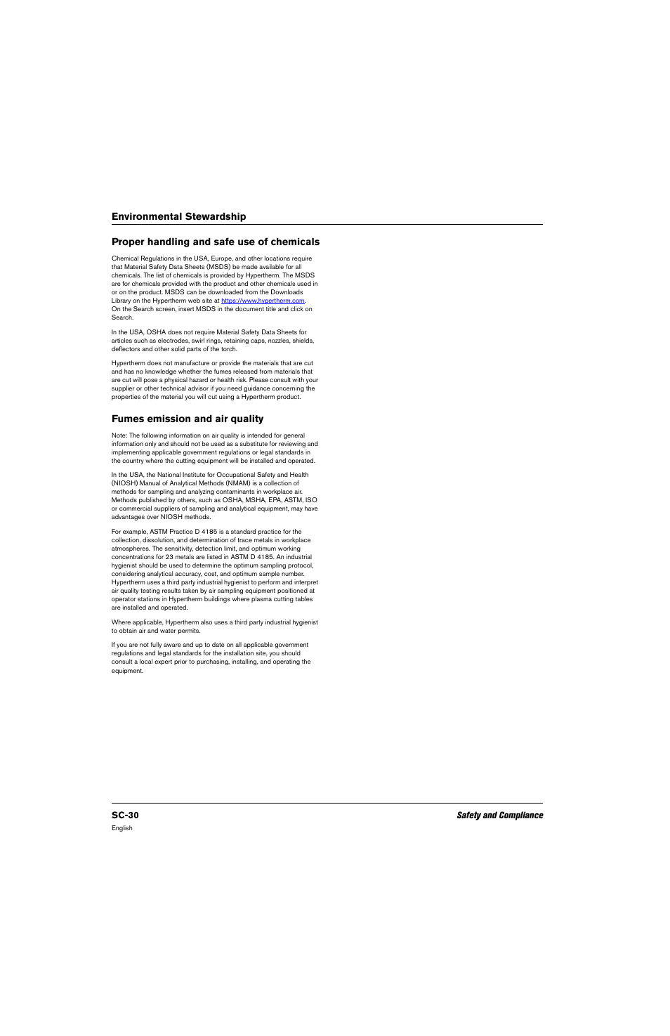 Proper handling and safe use of chemicals, Fumes emission and air quality | Hypertherm THC ArcGlide User Manual | Page 30 / 288