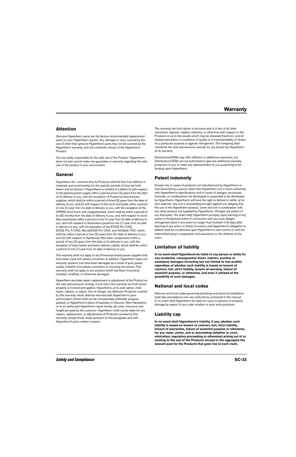 Warranty, Attention, General | Patent indemnity, Limitation of liability, National and local codes, Liability cap, Sc-33 | Hypertherm THC ArcGlide User Manual | Page 33 / 288