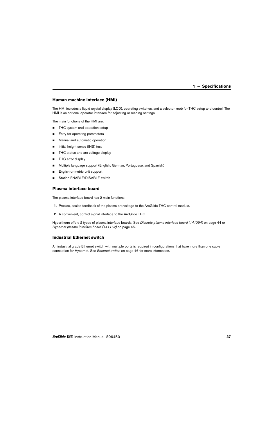 Human machine interface (hmi), Plasma interface board, Industrial ethernet switch | Hypertherm THC ArcGlide User Manual | Page 37 / 288