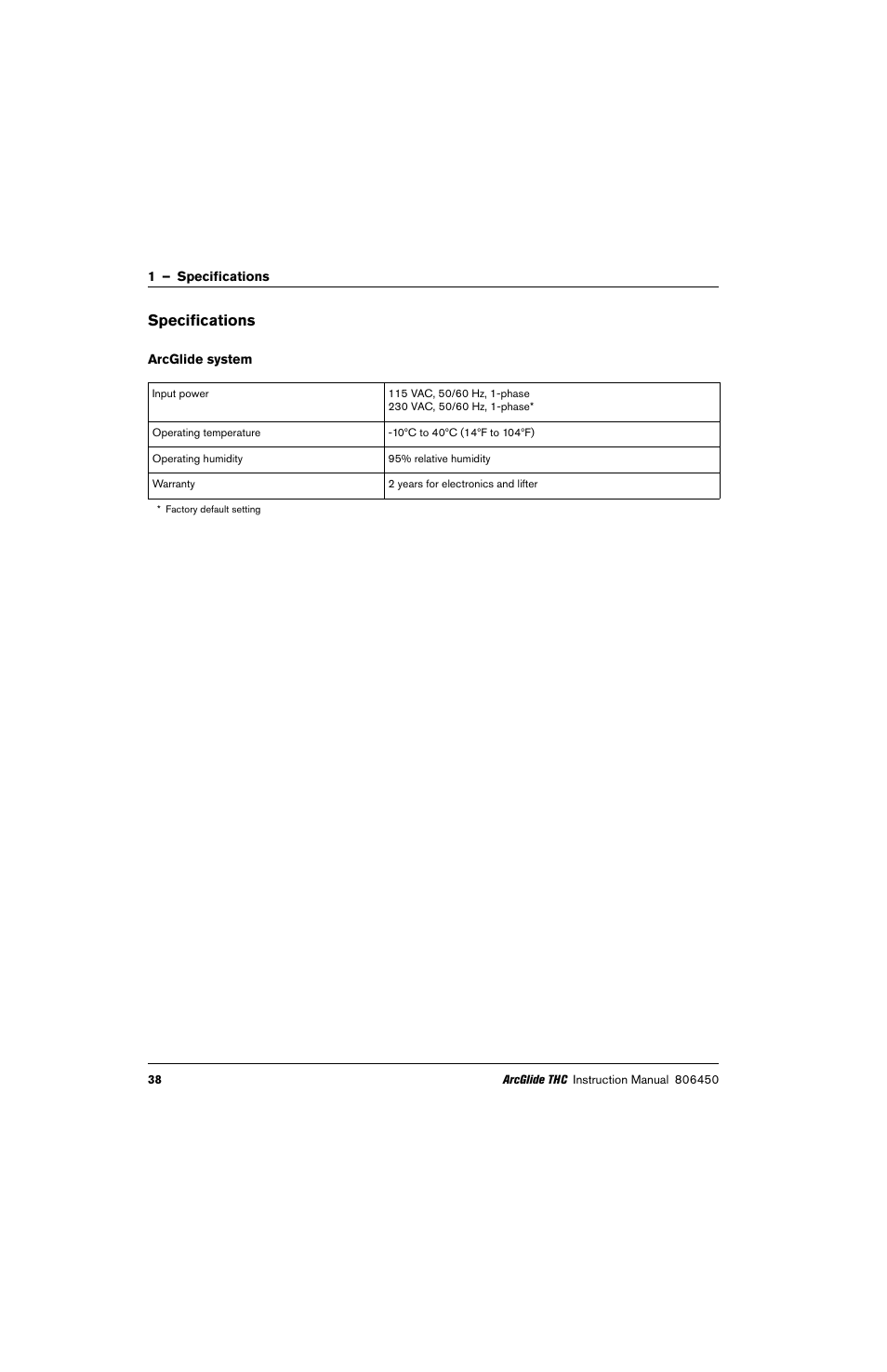 Specifications, Arcglide system | Hypertherm THC ArcGlide User Manual | Page 38 / 288