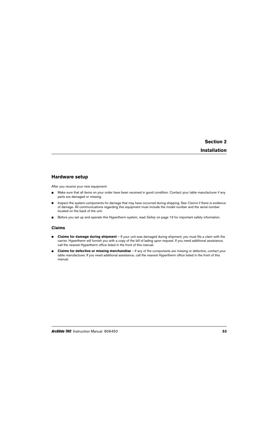 Installation, Hardware setup, Claims | Hypertherm THC ArcGlide User Manual | Page 53 / 288