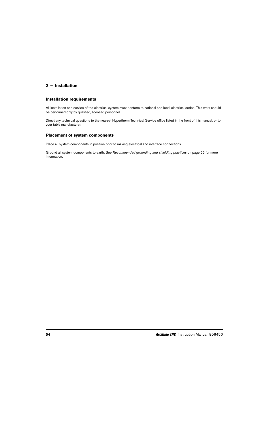 Installation requirements, Placement of system components | Hypertherm THC ArcGlide User Manual | Page 54 / 288