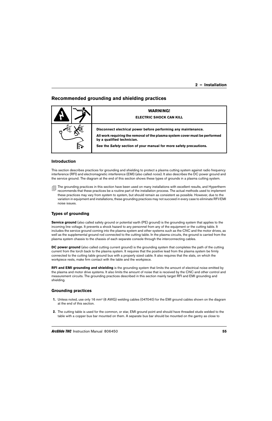 Recommended grounding and shielding practices, Introduction, Types of grounding | Grounding practices | Hypertherm THC ArcGlide User Manual | Page 55 / 288