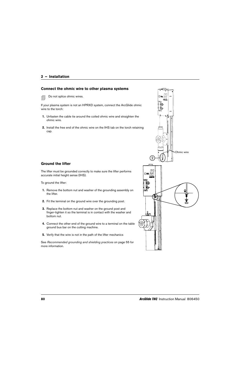 Connect the ohmic wire to other plasma systems, Ground the lifter | Hypertherm THC ArcGlide User Manual | Page 80 / 288